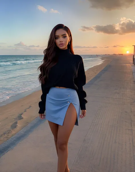 Tower13_Sheila, 1Female. (smiling). Perfect eyes, highly detailed beautiful expressive eyes, Detailed eyes. Eyeliner. (Oversized cropped sweater and skirt:1.2). Busty. Wavy hair in voluminous side flip, wet look. (Standing on a sidewalk, beach in the background, sun setting, seaside atmosphere:1.2), (looking at viewer:1.2), (cinematic shot:1.3), (award winning modern photography)