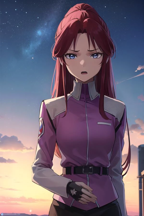 flayallster, <lyco:flayallster-lyco-nochekaiser:1>,
flay allster, long hair, (purple eyes:1.1), red hair, medium hair, (parted bangs:1.5), ponytail, <lora:gekioko_v200:1>, angry, open mouth,
BREAK skirt, gloves, jacket, white gloves, black skirt, uniform, military, military uniform, side slit, pencil skirt,
BREAK looking at viewer, (cowboy shot:1.5),
BREAK outdoors, space, star \(sky\), sun,
BREAK <lyco:GoodHands-beta2:1>, (masterpiece:1.2), best quality, high resolution, unity 8k wallpaper, (illustration:0.8), (beautiful detailed eyes:1.6), extremely detailed face, perfect lighting, extremely detailed CG, (perfect hands, perfect anatomy),