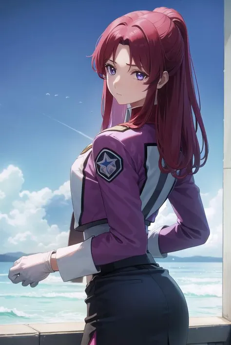 flayallster, <lyco:flayallster-lyco-nochekaiser:1>,
flay allster, long hair, (purple eyes:1.1), red hair, medium hair, (parted bangs:1.5), ponytail,
BREAK skirt, gloves, jacket, white gloves, black skirt, uniform, military, military uniform, side slit, pencil skirt,
BREAK looking at viewer, (cowboy shot:1.5),
BREAK outdoors, space, star \(sky\), sun, 
BREAK <lyco:GoodHands-beta2:1>, (masterpiece:1.2), best quality, high resolution, unity 8k wallpaper, (illustration:0.8), (beautiful detailed eyes:1.6), extremely detailed face, perfect lighting, extremely detailed CG, (perfect hands, perfect anatomy),