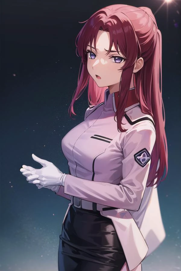 flayallster, <lyco:flayallster-lyco-nochekaiser:1>,
flay allster, long hair, (purple eyes:1.1), red hair, medium hair, (parted bangs:1.5), ponytail, <lora:gekioko_v200:1>, angry, open mouth,
BREAK skirt, gloves, jacket, white gloves, black skirt, uniform, military, military uniform, side slit, pencil skirt,
BREAK looking at viewer, (cowboy shot:1.5),
BREAK outdoors, space, star \(sky\), sun,
BREAK <lyco:GoodHands-beta2:1>, (masterpiece:1.2), best quality, high resolution, unity 8k wallpaper, (illustration:0.8), (beautiful detailed eyes:1.6), extremely detailed face, perfect lighting, extremely detailed CG, (perfect hands, perfect anatomy),