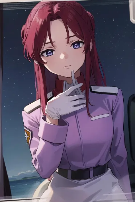 flayallster, <lyco:flayallster-lyco-nochekaiser:1>,
flay allster, long hair, (purple eyes:1.1), red hair, medium hair, (parted bangs:1.5), ponytail,
BREAK skirt, gloves, jacket, white gloves, black skirt, uniform, military, military uniform, side slit, pencil skirt,
BREAK looking at viewer, (cowboy shot:1.5),
BREAK outdoors, space, star \(sky\), sun, 
BREAK <lyco:GoodHands-beta2:1>, (masterpiece:1.2), best quality, high resolution, unity 8k wallpaper, (illustration:0.8), (beautiful detailed eyes:1.6), extremely detailed face, perfect lighting, extremely detailed CG, (perfect hands, perfect anatomy),