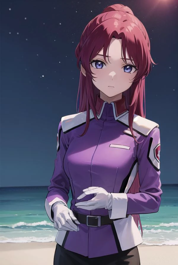 flayallster, <lyco:flayallster-lyco-nochekaiser:1>,
flay allster, long hair, (purple eyes:1.1), red hair, medium hair, (parted bangs:1.5), ponytail,
BREAK skirt, gloves, jacket, white gloves, black skirt, uniform, military, military uniform, side slit, pencil skirt,
BREAK looking at viewer, (cowboy shot:1.5),
BREAK outdoors, space, star \(sky\), sun,
BREAK <lyco:GoodHands-beta2:1>, (masterpiece:1.2), best quality, high resolution, unity 8k wallpaper, (illustration:0.8), (beautiful detailed eyes:1.6), extremely detailed face, perfect lighting, extremely detailed CG, (perfect hands, perfect anatomy),