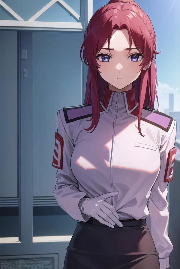 flayallster, <lyco:flayallster-lyco-nochekaiser:1>,
flay allster, long hair, (purple eyes:1.1), red hair, medium hair, (parted bangs:1.5), ponytail,
BREAK skirt, gloves, jacket, white gloves, black skirt, uniform, military, military uniform, side slit, pencil skirt,
BREAK looking at viewer, (cowboy shot:1.5),
BREAK outdoors, space, star \(sky\), sun,
BREAK <lyco:GoodHands-beta2:1>, (masterpiece:1.2), best quality, high resolution, unity 8k wallpaper, (illustration:0.8), (beautiful detailed eyes:1.6), extremely detailed face, perfect lighting, extremely detailed CG, (perfect hands, perfect anatomy),