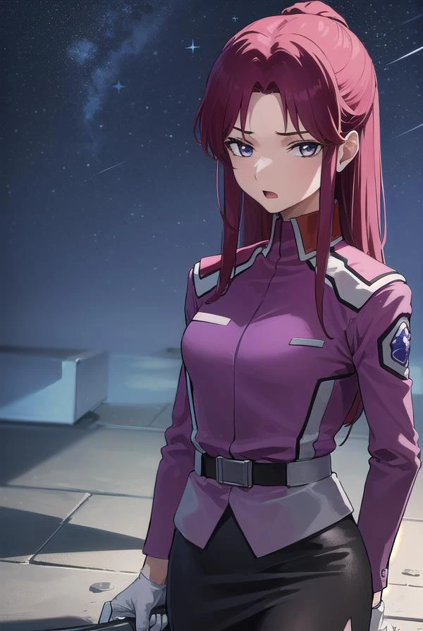 flayallster, <lyco:flayallster-lyco-nochekaiser:1>,
flay allster, long hair, (purple eyes:1.1), red hair, medium hair, (parted bangs:1.5), ponytail, <lora:gekioko_v200:1>, angry, open mouth,
BREAK skirt, gloves, jacket, white gloves, black skirt, uniform, military, military uniform, side slit, pencil skirt,
BREAK looking at viewer, (cowboy shot:1.5),
BREAK outdoors, space, star \(sky\), sun,
BREAK <lyco:GoodHands-beta2:1>, (masterpiece:1.2), best quality, high resolution, unity 8k wallpaper, (illustration:0.8), (beautiful detailed eyes:1.6), extremely detailed face, perfect lighting, extremely detailed CG, (perfect hands, perfect anatomy),