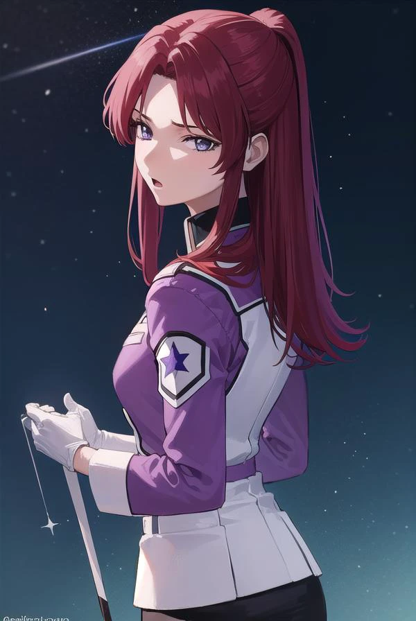 flayallster, <lyco:flayallster-lyco-nochekaiser:1>,
flay allster, long hair, (purple eyes:1.1), red hair, medium hair, (parted bangs:1.5), ponytail, <lora:gekioko_v200:1>, angry, open mouth,
BREAK skirt, gloves, jacket, white gloves, black skirt, uniform, military, military uniform, side slit, pencil skirt,
BREAK looking at viewer, (cowboy shot:1.5),
BREAK outdoors, space, star \(sky\), sun,
BREAK <lyco:GoodHands-beta2:1>, (masterpiece:1.2), best quality, high resolution, unity 8k wallpaper, (illustration:0.8), (beautiful detailed eyes:1.6), extremely detailed face, perfect lighting, extremely detailed CG, (perfect hands, perfect anatomy),