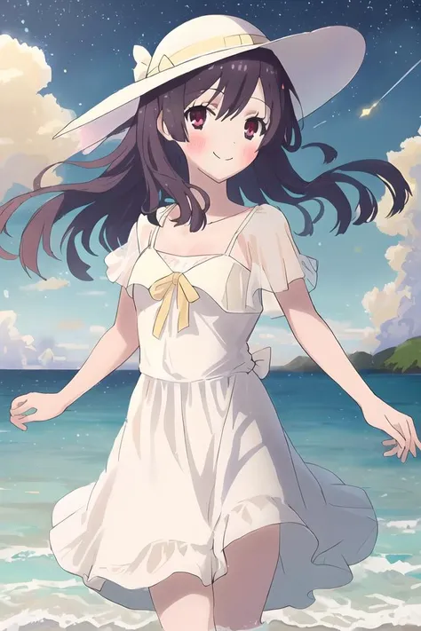 <lora:natsume-000006:1>,(master piece:1.3),(best quality:1.3), cowboy shot, (1girl:1.2), solo,( long hair:1.3), (floating hair:1.2), (ahoge:1.1), (blush:1.1),(seductive smile:1.1),medium breasts, standing, looking at viewer, (sea:1.3),(starry sky:1.3) ,beach, water, (white dress:1.3) ,sun hat,<lora:pastelMixStylizedAnime_pastelMixLoraVersion:0.8>