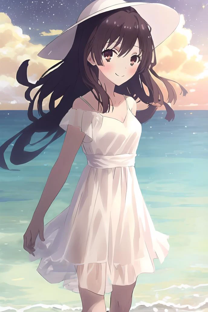 <lora:natsume-000006:1>,(master piece:1.3),(best quality:1.3), cowboy shot, (1girl:1.2), solo,( long hair:1.3), (floating hair:1.2), (ahoge:1.1), (blush:1.1),(seductive smile:1.1),medium breasts, standing, looking at viewer, (sea:1.3),(starry sky:1.3) ,beach, water, (white dress:1.3) ,sun hat,<lora:pastelMixStylizedAnime_pastelMixLoraVersion:0.8>