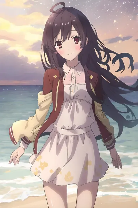 <lora:natsume-000006:1>,(master piece:1.3),(best quality:1.3), cowboy shot, (1girl:1.2), solo,( long hair:1.3), (floating hair:1.2), (ahoge:1.1), (blush:1.1),(seductive smile:1.1),medium breasts, standing, looking at viewer, (sea:1.3),(starry sky:1.3) ,beach, water, (jacket:1.3) ,<lora:pastelMixStylizedAnime_pastelMixLoraVersion:0.8>