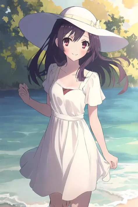 <lora:natsume-000006:1>,(master piece:1.3),(best quality:1.3), cowboy shot, (1girl:1.2), solo,( long hair:1.3), (floating hair:1.2), (ahoge:1.1), (blush:1.1),(seductive smile:1.1),medium breasts, standing, looking at viewer, (sea:1.3),(starry sky:1.3) ,beach, water, (white dress:1.3) ,sun hat,<lora:pastelMixStylizedAnime_pastelMixLoraVersion:0.8>