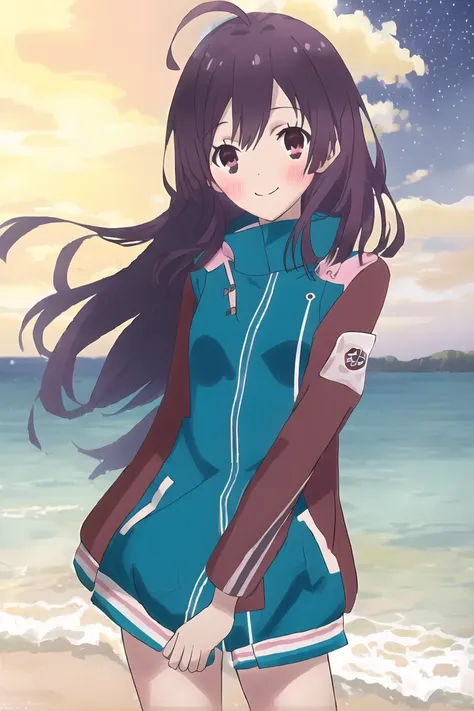 <lora:natsume-000006:1>,(master piece:1.3),(best quality:1.3), cowboy shot, (1girl:1.2), solo,( long hair:1.3), (floating hair:1.2), (ahoge:1.1), (blush:1.1),(seductive smile:1.1),medium breasts, standing, looking at viewer, (sea:1.3),(starry sky:1.3) ,beach, water, (jacket:1.3) ,<lora:pastelMixStylizedAnime_pastelMixLoraVersion:0.8>
