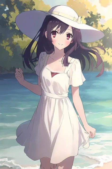 <lora:natsume-000006:1>,(master piece:1.3),(best quality:1.3), cowboy shot, (1girl:1.2), solo,( long hair:1.3), (floating hair:1.2), (ahoge:1.1), (blush:1.1),(seductive smile:1.1),medium breasts, standing, looking at viewer, (sea:1.3),(starry sky:1.3) ,beach, water, (white dress:1.3) ,sun hat,<lora:pastelMixStylizedAnime_pastelMixLoraVersion:0.8>