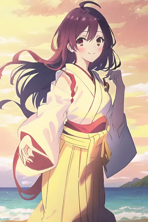 <lora:natsume-000006:1>,(master piece:1.3),(best quality:1.3), cowboy shot, (1girl:1.2), solo,( long hair:1.3), (floating hair:1.2), (ahoge:1.1), (blush:1.1),(seductive smile:1.1),medium breasts, standing, looking at viewer, (sea:1.3),(starry sky:1.3) ,beach, water, (hakama:1.3) ,<lora:pastelMixStylizedAnime_pastelMixLoraVersion:0.8>