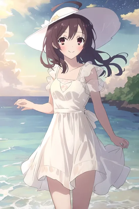 <lora:natsume-000006:1>,(master piece:1.3),(best quality:1.3), cowboy shot, (1girl:1.2), solo,( long hair:1.3), (floating hair:1.2), (ahoge:1.1), (blush:1.1),(seductive smile:1.1),medium breasts, standing, looking at viewer, (sea:1.3),(starry sky:1.3) ,beach, water, (white dress:1.3) ,sun hat,<lora:pastelMixStylizedAnime_pastelMixLoraVersion:0.8>