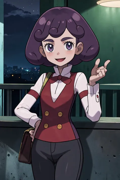 masterpiece, best quality, looking at viewer, facing viewer, nice hands, perfect hands, <lora:PokemonV2:1> <lora:GoodHands-vanilla:1>, generation 9, 1girl, solo, (night:1.3), low key, <lora:LowRA:0.7>, excited, blush, balcony, penthouse, wide windows, city, smile, happy, <lora:burgundy:0.7> burgundy_(pokemon) , shirt, long sleeves, white shirt, pants, vest, buttons