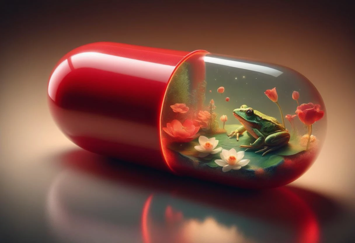 dreamscape red pill on a kitchen table, pill partially see-through, high contrast, amazing detailed, a frog inside the pill at sunset, frog on a lily pad, . surreal, ethereal, dreamy, mysterious, fantasy, highly detailed, <lora:red_pill_xl_tr_01:1.0>