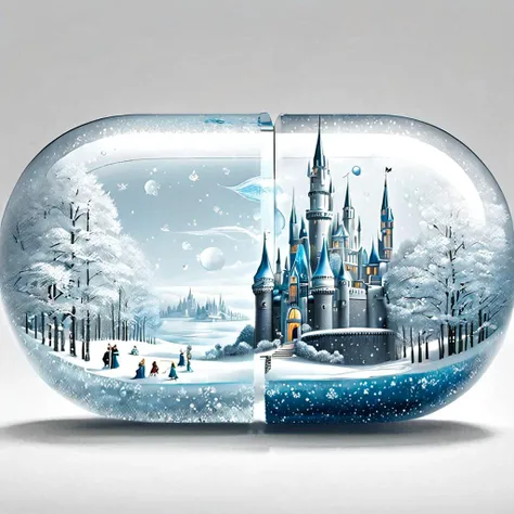 large transparent pill that opens to reveal detailed Evil Snow Queen in her castle within, The contrast between frozy fairy tale of HC Andersen' world inside the transparent pill and the transparent, transparent reflective  other half with the Snow Queen's Castle creates a striking visual juxtaposition <lora:red_pill:1>