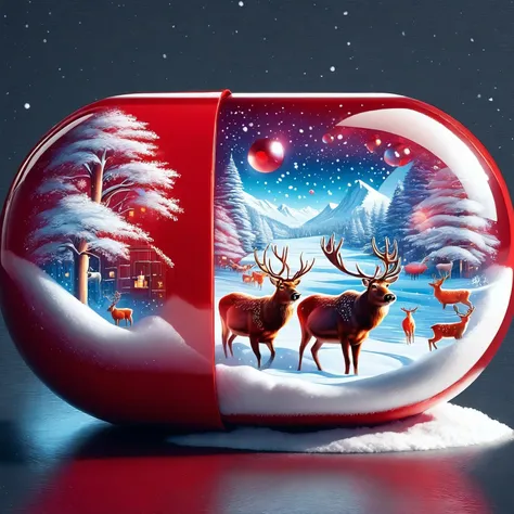 red pill, pill partially see-through, high contrast, amazing detailed, snow scene with reindeer inside the pill, winter, Christmas theme magic inside, colorful
 <lora:red_pill:1>