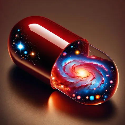 red pill, section that is transparent, showcasing an enchanting cosmic vista, Inside this transparent part, there's a captivating view of the universe, complete with radiant nebulae, sparkling stars, and distant, colorful galaxies, The contrast between the ordinary aspect of the common pill and the extraordinary spectacle of the cosmos is vividly emphasized
 <lora:red_pill:1>