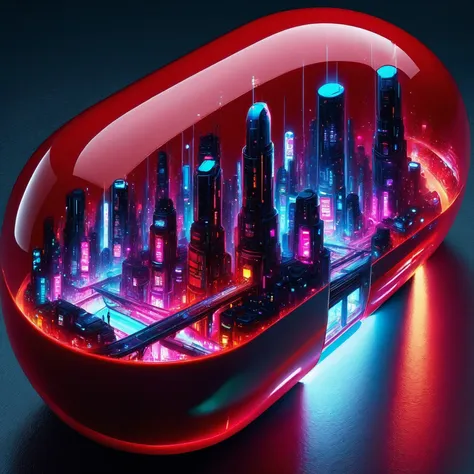 red pill, portion that is transparent, revealing a vibrant cyberpunk cityscape inside, The cyberpunk city is depicted with neon lights, towering skyscrapers, and futuristic technology, offering a dynamic and complex urban scene, The vivid colors within the city contrast with the solid red, glossy finish of the other part of the pill, highlighting the juxtaposition between the ordinary and the futuristic
 <lora:red_pill:1>