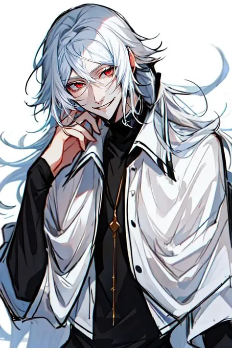 <lora:Shibusawa_Tatsuhiko:0.8>,  1boy, bishounen, long hair, male focus, red eyes, smile, solo, white hair,