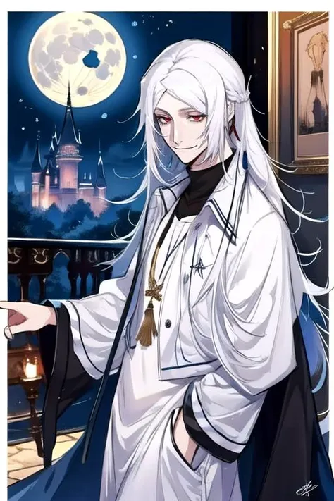 <lora:Shibusawa_Tatsuhiko_v2:1>, 1boy, smile, narrowed eyes, adult male, long hair, male focus, red eyes, smile, solo, white hair, castle, castle interior, night, full moon,