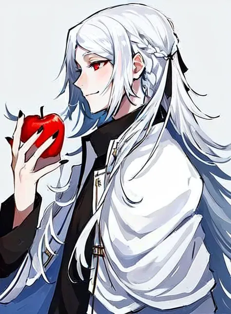 <lora:Shibusawa_Tatsuhiko_v2:1>, 1boy, adult male, apple, black nails, braid, fingernails, food, fruit, holding, holding food, holding fruit, long hair, male focus, nail polish, solo, spot color, white hair, red eyes, from side, profile