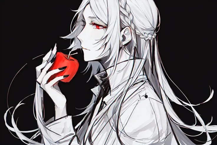 <lora:Shibusawa_Tatsuhiko:1>, 1boy, apple, black nails, braid, fingernails, food, fruit, grey background, holding, holding food, holding fruit, long hair, male focus, monochrome, nail polish, red nails, solo, spot color, white hair, red eyes, from side, profile