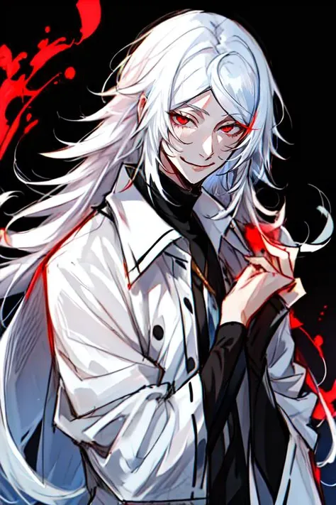<lora:Shibusawa_Tatsuhiko:0.8>, 1boy, bishounen, long hair, male focus, red eyes, smile, solo, white hair,
