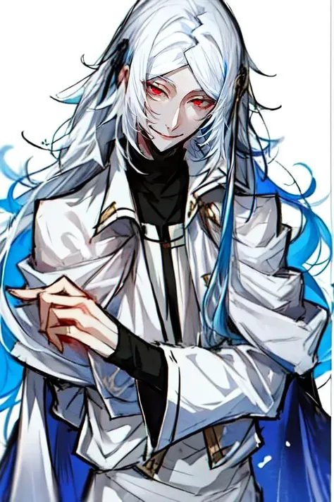 <lora:Shibusawa_Tatsuhiko:1>, 1boy, bishounen, long hair, male focus, red eyes, smile, solo, white hair,