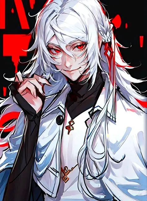 <lora:Shibusawa_Tatsuhiko_v2:1>, 1boy, smirk, narrowed eyes, adult male, long hair, male focus, red eyes, smile, solo, white hair,