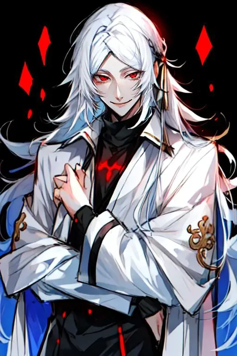 <lora:Shibusawa_Tatsuhiko:0.8>, 1boy, bishounen, long hair, male focus, red eyes, smile, solo, white hair,