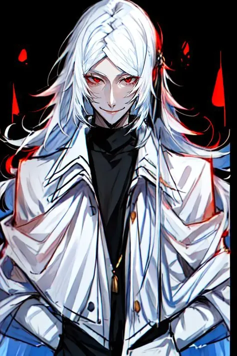 <lora:Shibusawa_Tatsuhiko:1>, 1boy, bishounen, long hair, male focus, red eyes, smile, solo, white hair,