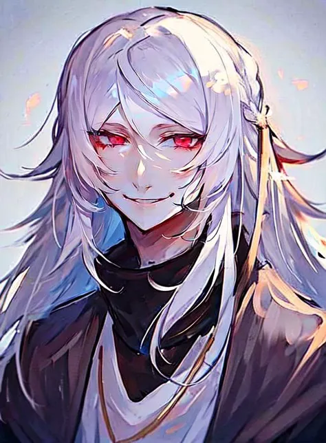 <lora:Shibusawa_Tatsuhiko_v2:1>, 1boy, smirk, narrowed eyes, adult male, long hair, male focus, red eyes, smile, solo, white hair,