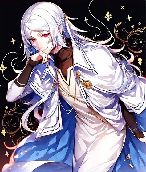 <lora:Shibusawa_Tatsuhiko_v2:1>, 1boy, bishounen, long hair, male focus, red eyes, smile, solo, white hair,