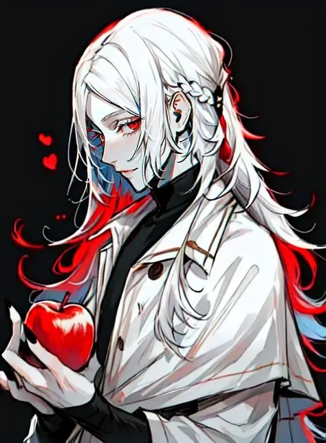 <lora:Shibusawa_Tatsuhiko_v2:1>, 1boy, adult male, apple, black nails, braid, fingernails, food, fruit, holding, holding food, holding fruit, long hair, male focus, nail polish, solo, spot color, white hair, red eyes, from side, profile