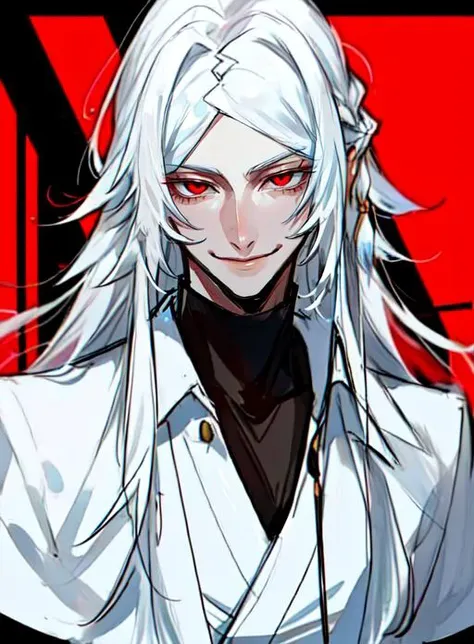 <lora:Shibusawa_Tatsuhiko_v2:0.7>, 1boy, smirk, narrowed eyes, adult male, long hair, male focus, red eyes, smile, solo, white hair,