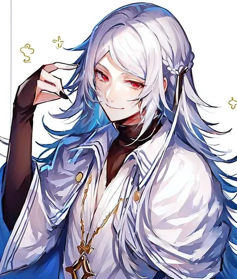 <lora:Shibusawa_Tatsuhiko_v2:1>, 1boy, bishounen, long hair, male focus, red eyes, smile, solo, white hair,