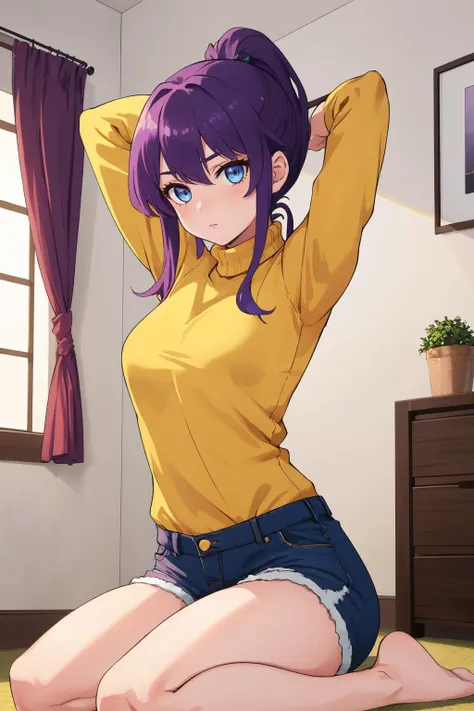 masterpiece, best quality, 1girl, solo, purple hair, ponytail, blue eyes, arms behind head, sitting, seiza, yellow sweater, shorts