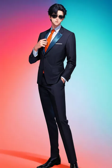 masterpiece, best quality, 1boy, solo, male focus, standing, suit, orange necktie, black hair, tuxedo, sunglasses, parted lips, gradient background, blue background