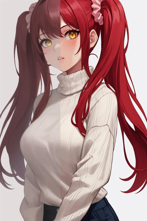 masterpiece, best quality, 1girl, solo, standing, red hair, twintails, hair scrunchie, very long hair, yellow eyes, turtleneck sweater, ribbed sweater, mature female, parted lips, simple background, white background