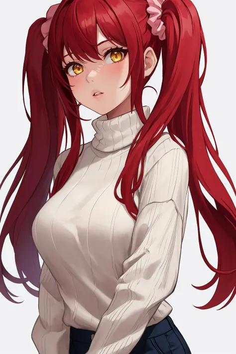 masterpiece, best quality, 1girl, solo, standing, red hair, twintails, hair scrunchie, very long hair, yellow eyes, turtleneck sweater, ribbed sweater, mature female, parted lips, simple background, white background