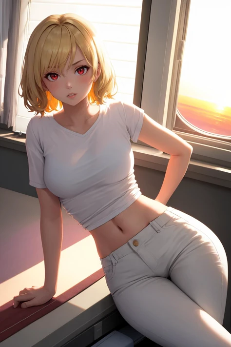 masterpiece, best quality, 1girl, solo, sitting, blonde hair, short hair, (curly hair:0.7), red eyes, looking at viewer, parted lips, white shirt, pants, hand on own stomach, arm at side, midriff, indoors, sunset, dappled sunlight, (window shade:1.6), backlighting