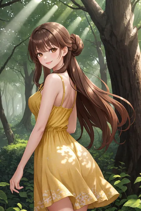 masterpiece, best quality, 1girl, solo, standing, (yellow sundress:1.2), brown hair, long hair, half updo, brown eyes, looking back, smile, (dappled sunlight:1.4), forest, hedge