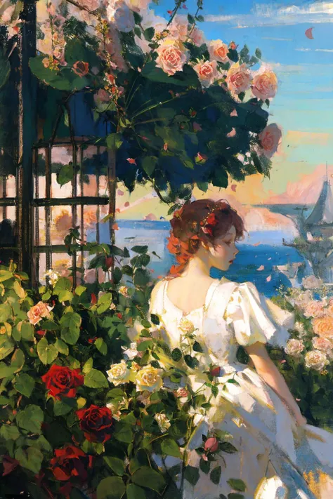 {best quality},{{masterpiece}},{highres},extremely detailed CG,extremely detailed 8K wallpaper,(((masterpiece))),(((best quality))),((ultra-detailed)),(illustration),((sketch)),(painting),((panorama)),front view,garden,flower sea,(detailed light),day,petals,falling petals,(((rose))),(vines),cage,sky,<lora:å¢å å²è¯ç»é¢æ°å´åæå¾ç»è_v1.0:1>,<lora:fashigirl-v5.3-lycoris-16dim-10ep-naivae:0.3>,