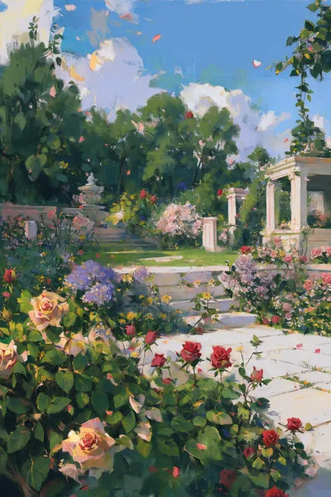 {best quality},{{masterpiece}},{highres},extremely detailed CG,extremely detailed 8K wallpaper,(((masterpiece))),(((best quality))),((ultra-detailed)),(illustration),((sketch)),(painting),(()),garden,flower sea,(detailed light),day,petals,falling petals,(((rose))),(vines),cage,sky,<lora:å¢å å²è¯ç»é¢æ°å´åæå¾ç»è_v1.0:1>,<lora:fashigirl-v5.3-lycoris-16dim-10ep-naivae:0.3>,,panorama,wide_shot,medium_shot,