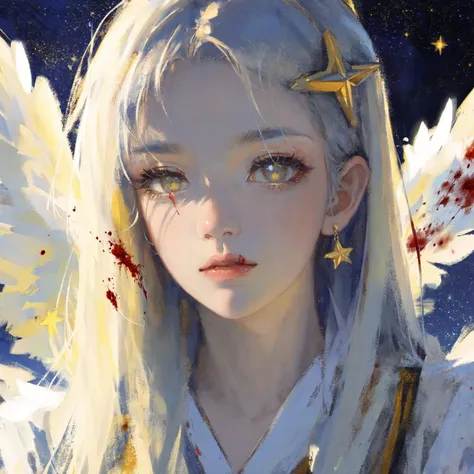 masterpiece,best quality,illustration,1girl,(close-up:1.3),face_focus,(beautiful detailed girl),beautiful detailed glow,(((blood from eyes))),(beautiful detailed eyes),angel halo,white hair,sunlight,thinking,lonely,closed mouth,extremely light,Holy Light,dynamic angle,Light particle,(hime cut:1.3),very long hair,(((pupils))),expressionless,looking at viewer,angel wings,large wings,multiple wings,(((starry sky))),dusk sky,Floating light spot,Lots of feathers,<lora:å¢å å²è¯ç»é¢æ°å´åæå¾ç»è_v1.0:0.7>,<lora:fashionGirl_v53:0.3>,