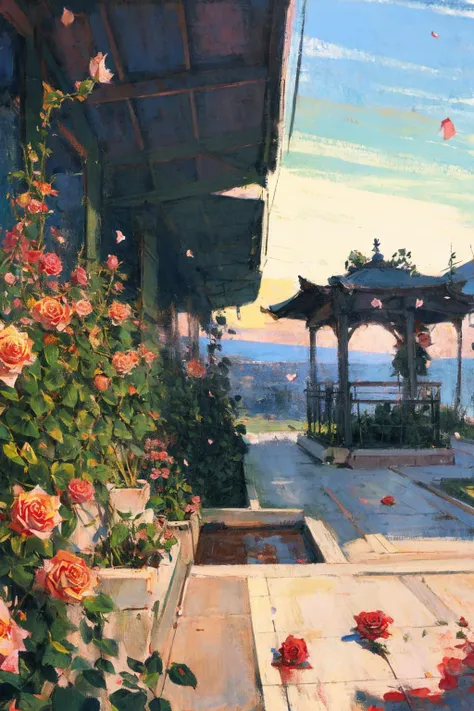 {best quality},{{masterpiece}},{highres},extremely detailed CG,extremely detailed 8K wallpaper,(((masterpiece))),(((best quality))),((ultra-detailed)),(illustration),((sketch)),(painting),((wide_shot)),garden,flower sea,(detailed light),day,petals,falling petals,(((rose))),(vines),cage,sky,<lora:å¢å å²è¯ç»é¢æ°å´åæå¾ç»è_v1.0:1>,<lora:fashigirl-v5.3-lycoris-16dim-10ep-naivae:0.3>,wide_shot,panorama,wide_shot,medium_shot,