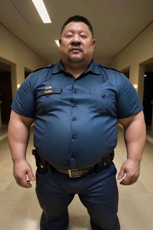 4k quality, solo, middle-aged male, Chinese man, China face, massive pec, strong muscles, big belly, black hair, police, wearing police suit, light blue shirt tucked into pants, tie,belt, heat, sweat stains, sweat all over, shame, grey gloomtache, ((erect)), (((raising the crotch))), massive pec, blush,drunk satisfied looking, standing, corridor, realistic, realistic lighting, intricate detail, photorealistic, highres, captured in a wide view by Tim Walker, <lora:Chubby_man_2:0.6>