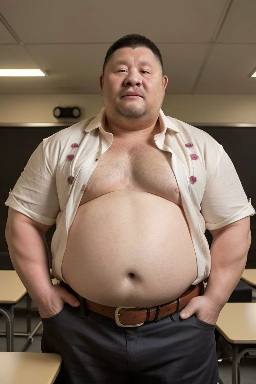 4k quality, solo, middle-aged male, Chinese man, China face, massive pec, strong muscles, big belly, black hair, teacher, light white shirt tucked into pants, ((open shirt)), tie, belt, heat, sweat stains, sweat all over, shame, grey gloomtache, ((erect)), (((raising the crotch))), massive pec, blush,drunk satisfied looking, standing, class room, realistic, realistic lighting, intricate detail, photorealistic, highres, captured in a wide view by Tim Walker, foot view, <lora:Chubby_man_2:0.6>
