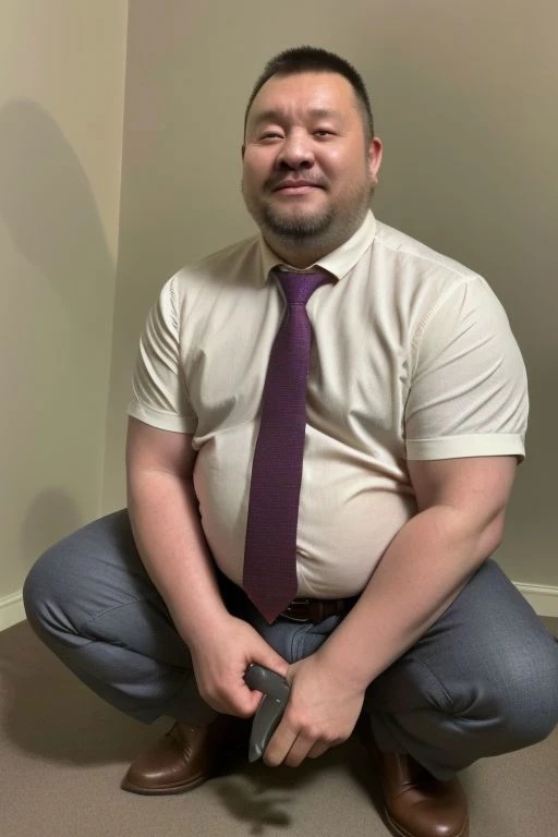 male focus, ((Chinese middle-aged man)), handsome, leg hair, light smile, full body, bara, mature, short hair, stubble, math teacher, wearing white shirtshirt tucked into pants, tie, belt, heat, sweat stains, sweat all over, shame, grey gloomtache, ((erecting)), stanbding, looking at viewer, squatting, masturbating,  realistic, realistic lighting, intricate detail, photorealistic, highres, captured in a wide view by Tim Walker, <lora:Chubby_man_2:0.6>